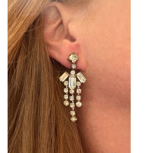 Vintage Art Deco-Style Clear Rhinestone Statement Chandelier Clip On Earrings - Picture 1 of 10